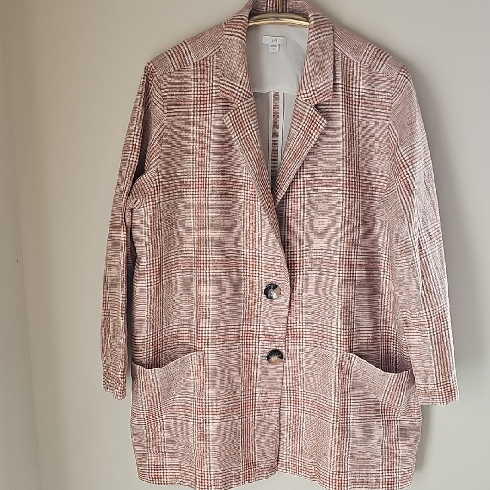 J. Jill Women's Plaid‎ Blazer - Tan/White. Size XL P Big Pockets. Linen/cotton.